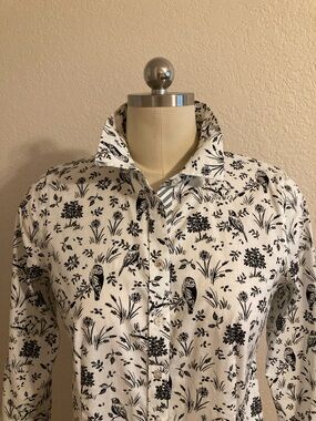 Talbots White Non-Iron Button-Down Shirt with Black Botanical & Bird Print